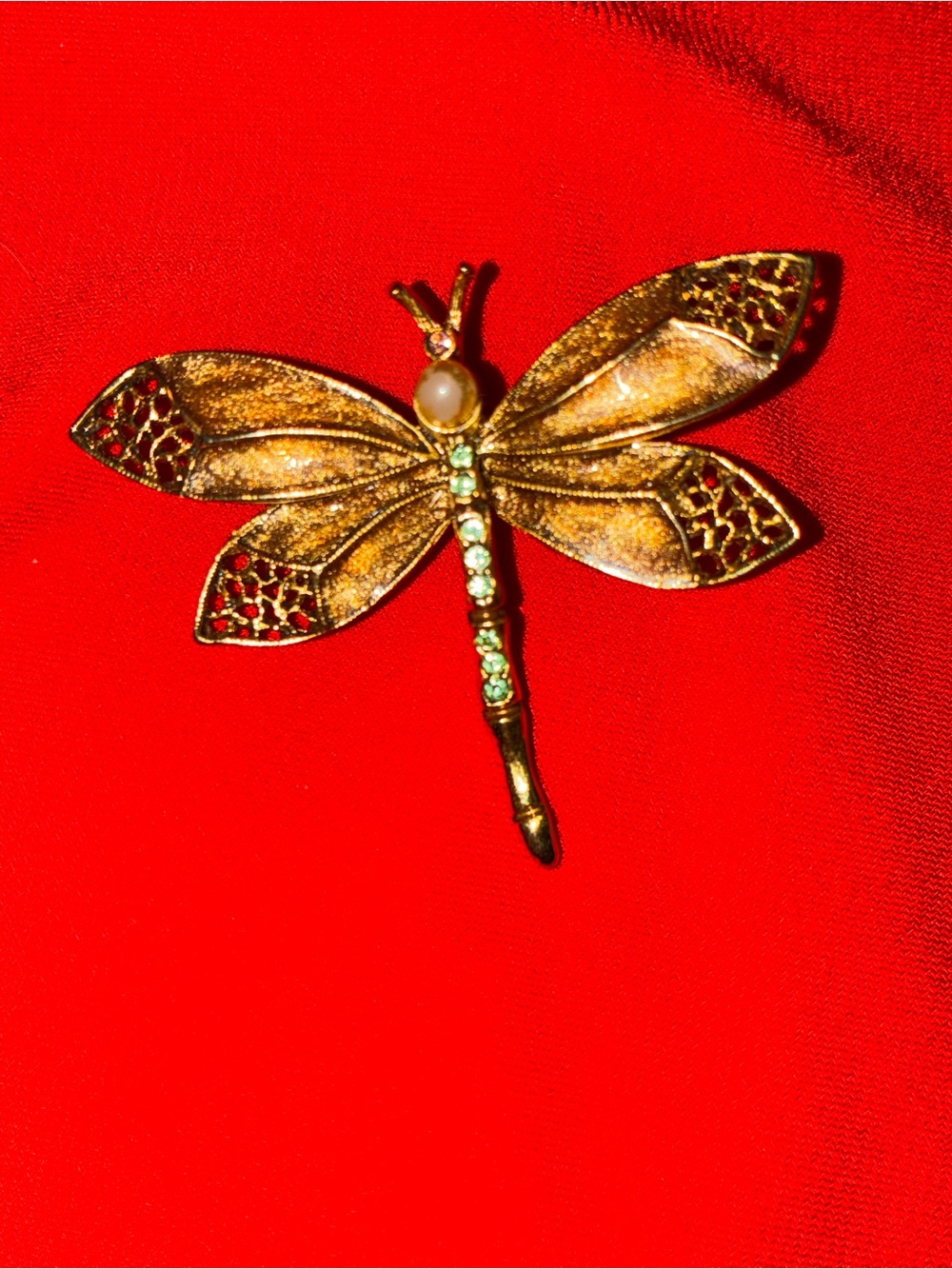 Oscar de la Renta Gold Dragonfly Brooch with Green Accents